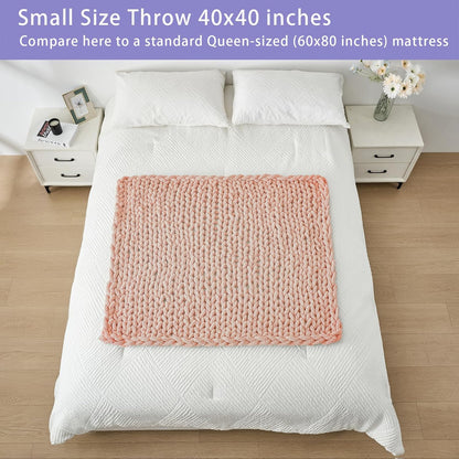 Bigacogo Chunky Knit Throw Blanket for Couch, 40x40 inches, 100% Hand Knitted with Thick Jumbo
