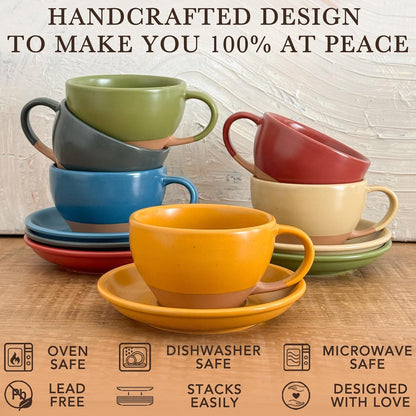 Mora Ceramic Latte Art Mug With Saucer - 10.5 oz, Round Bottom For Perfect Pours - Cafe Cups for