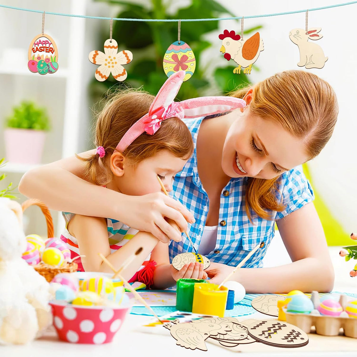 80PCS Wooden Easter Ornaments to Paint, 8 Styles DIY Blank Unfinished Wood Cutouts Ornament for