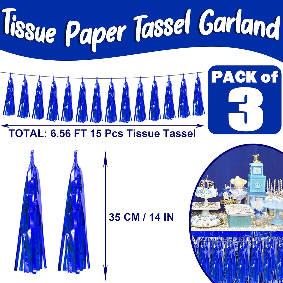 3P Blue Foil Fringe Metallic Tassel Streamers Banner Tassel Garland for Parade Floats
