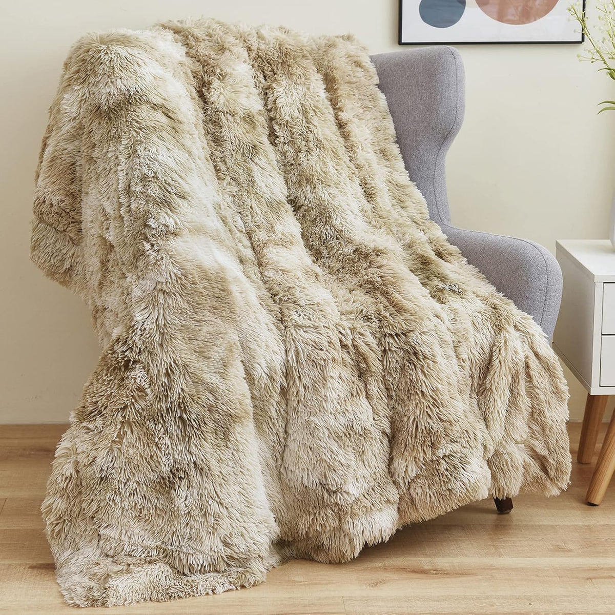 GONAAP Fuzzy Faux Fur Throw Blanket Tie-dye Beige Super Soft Cozy Plush Fuzzy Shaggy Blanket for