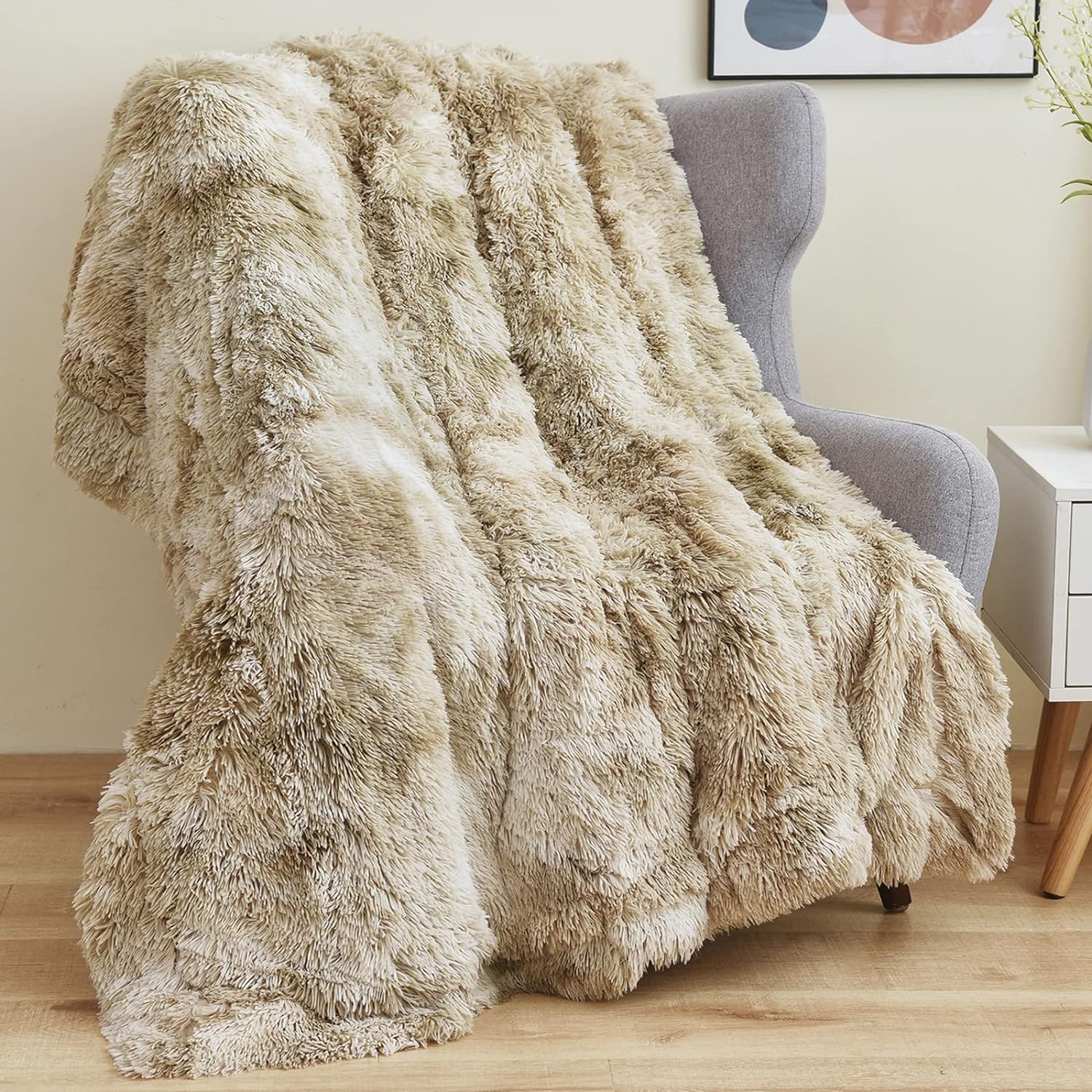 GONAAP Fuzzy Faux Fur Throw Blanket Twin Size Tie-dye Beige Super Soft Cozy Plush Fuzzy Shaggy