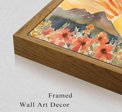 Framed Boho Sun Canvas Wall art Mid-Century Modern Abstract Bohemian Sunset in The Mountains