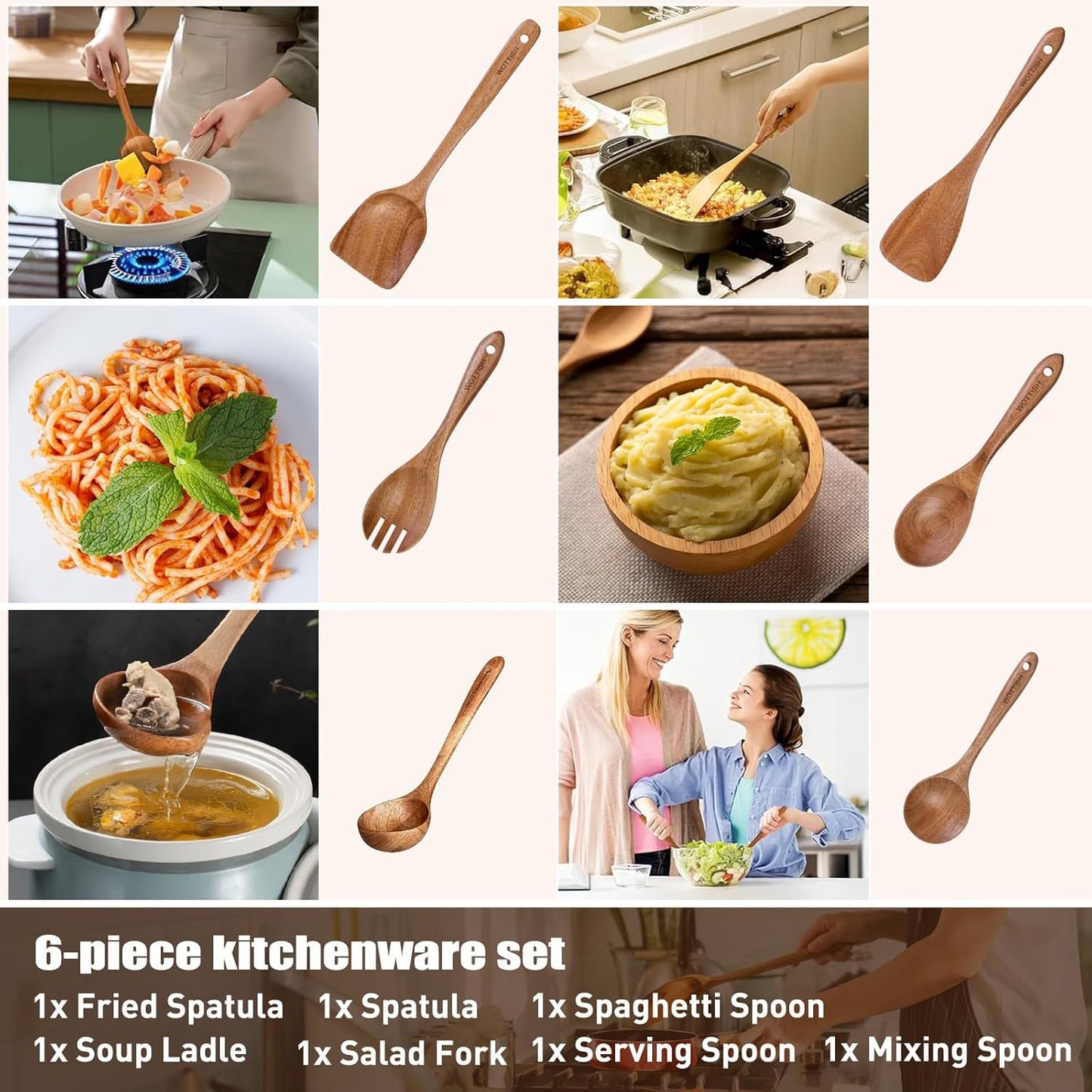 Wooden Spoons - Wooden Spoons for Cooking,Natural Wooden Kitchen Utensils Set Non Toxic,6-Piece