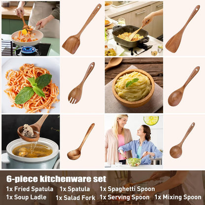 Wooden Spoons - Wooden Spoons for Cooking,Natural Wooden Kitchen Utensils Set Non Toxic,6-Piece