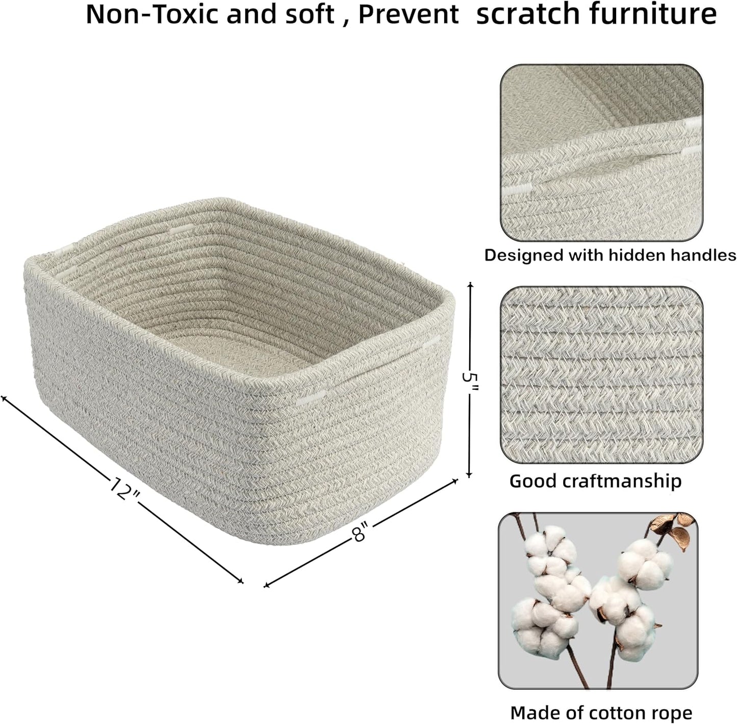 Small Woven Storage Baskets 12“X8”X5“ Decorative Rope Bins for Organizing Shelves, Closets, and