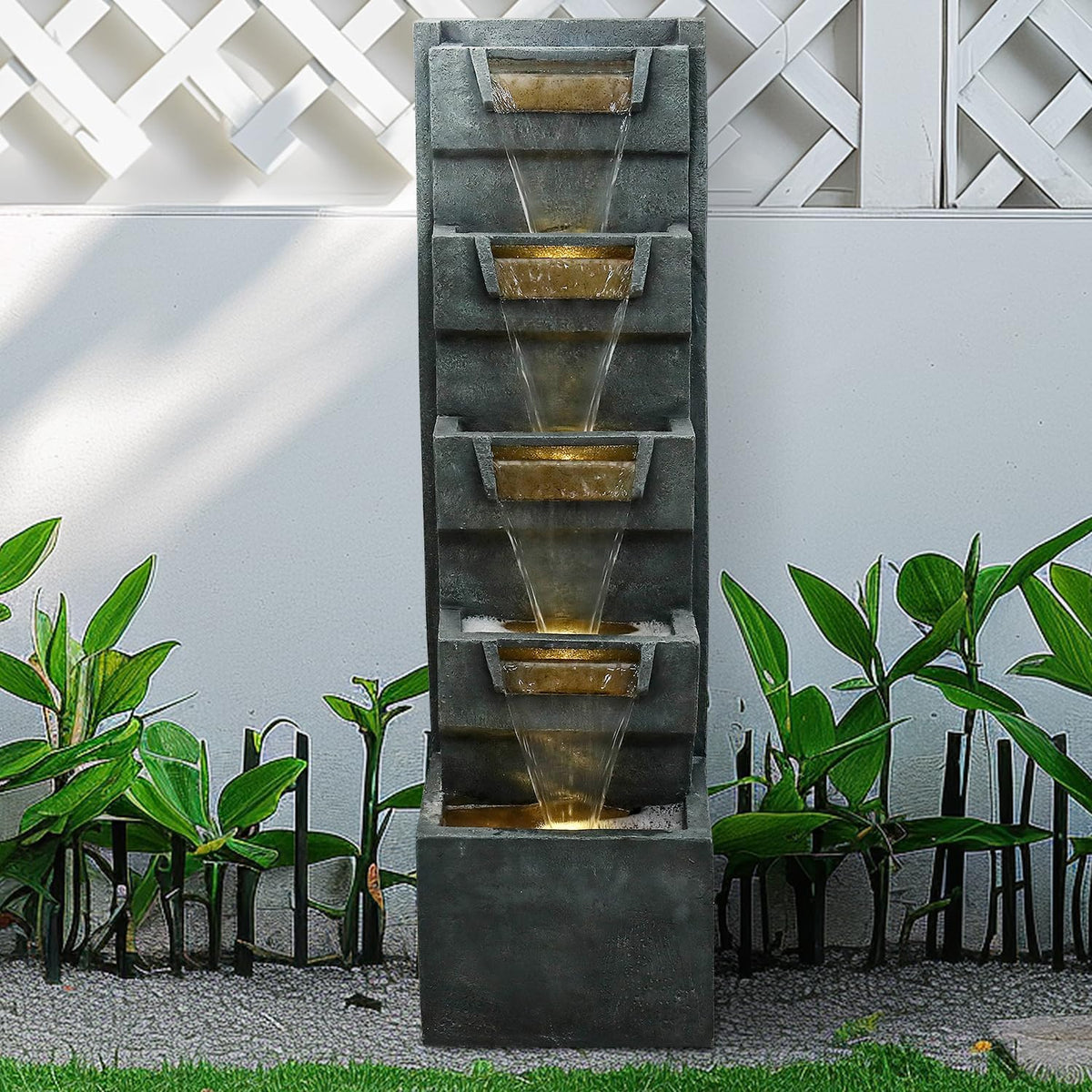 39.3" H Modern Water Fountain 5-Tier Outdoor Garden - Water Fountain w/LED Lights Cascading