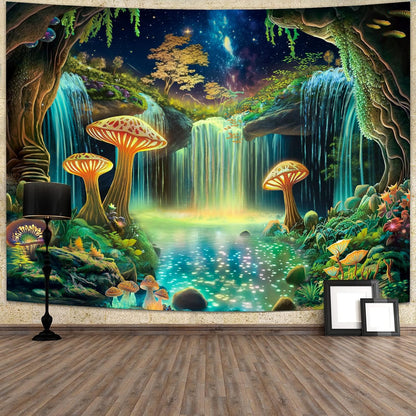 Ameyahud Blacklight Fantasy Forest Tapestry UV Reactive Waterfall Tapestries Starry Sky Tapestry