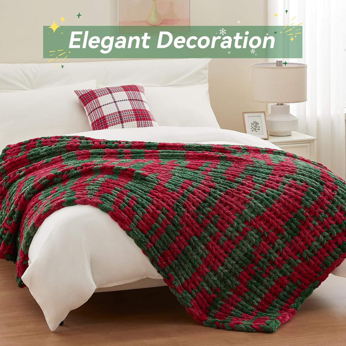 Chunky Knit Throw Blanket, 50''*60'' Knitted Throw Chenille Yarn for Bed Couch, Handmade Stripe
