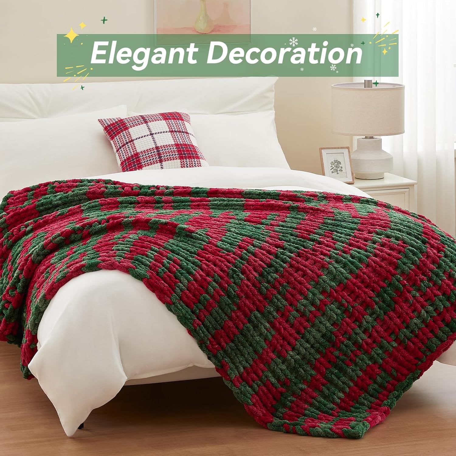 Chunky Knit Throw Blanket, 50''*60'' Knitted Throw Chenille Yarn for Bed Couch, Handmade Stripe