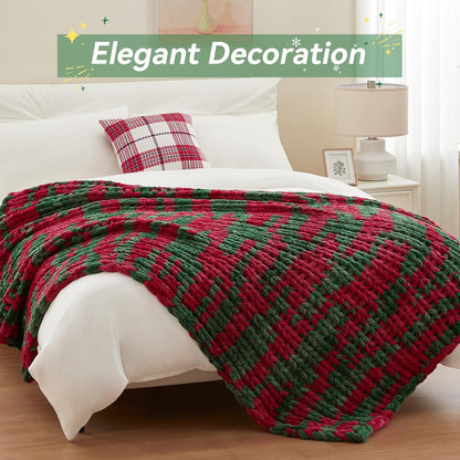 Chunky Knit Throw Blanket, 40''*50'' Knitted Throw Chenille Yarn for Bed Couch, Handmade Stripe