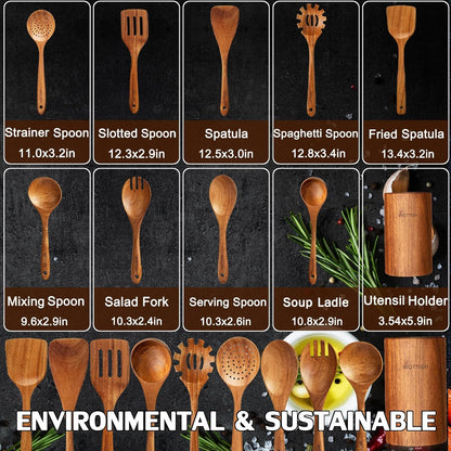 Wooden Spoons for Cooking,Wooden Cooking Utensil Set,10-Piece Wooden Kitchen Utensil Set with