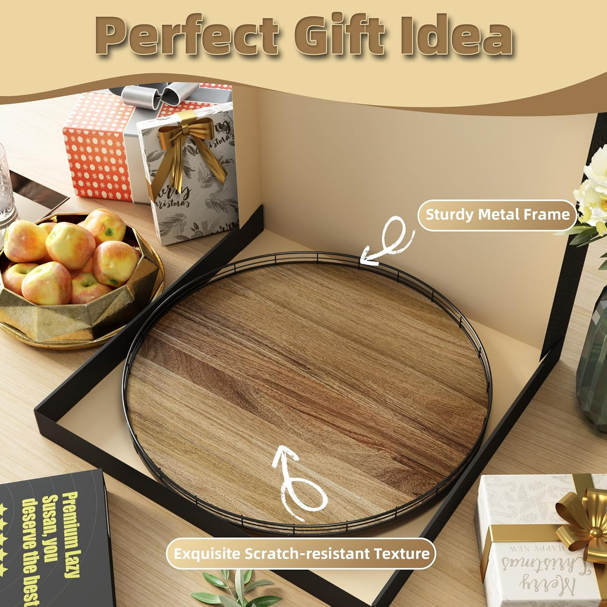 Acacia Wood 21" Lazy Susan Turntable Organizer for Table Top, Farmhouse Extra Large Round Lazy