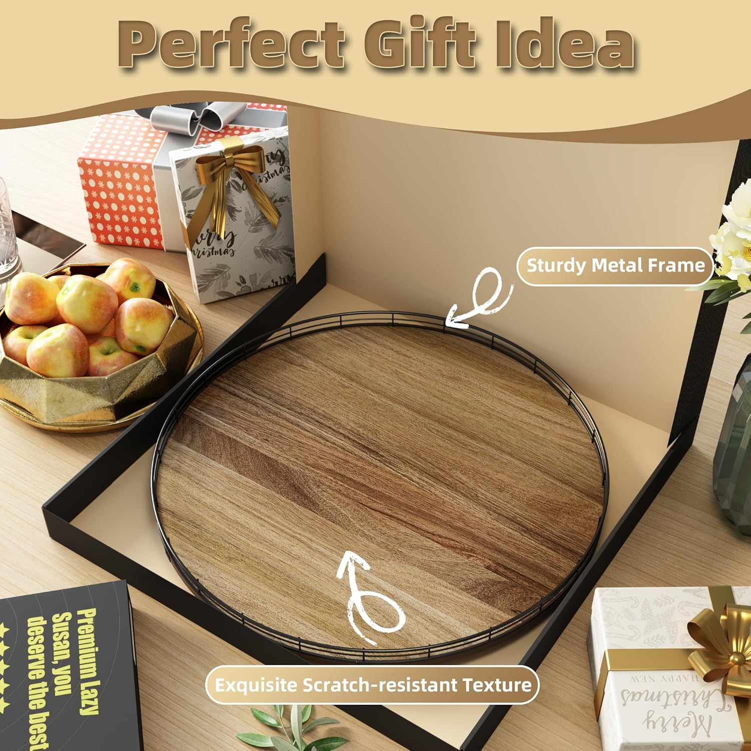 Acacia Wood 21" Lazy Susan Turntable Organizer for Table Top, Farmhouse Extra Large Round Lazy