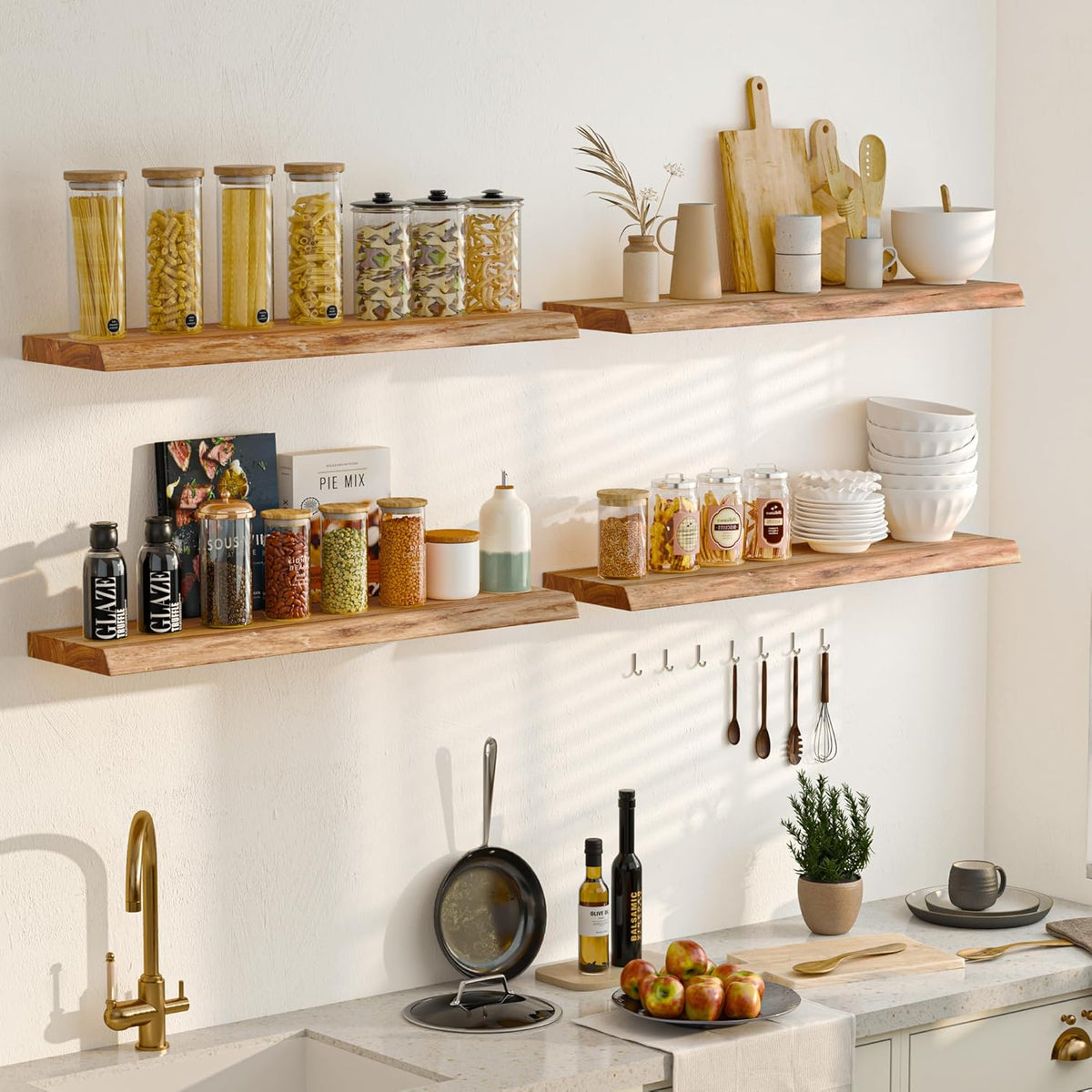 Floating Shelves for Wall, 24" Live Edge Solid Elm Wood Floating Shelf, Wall-Mounted Display
