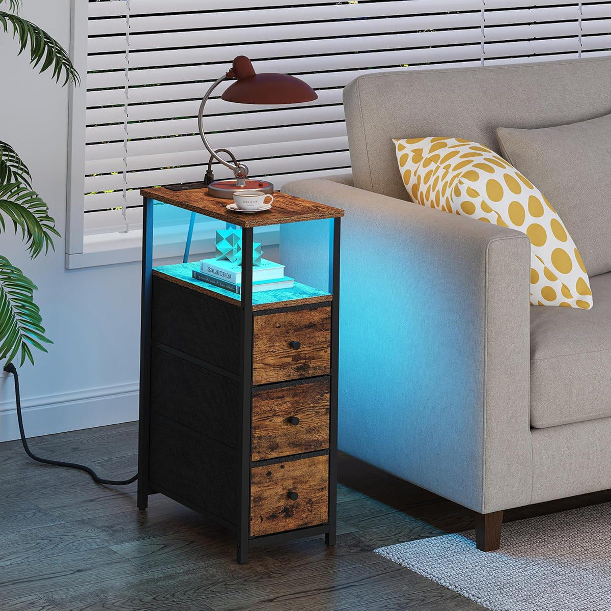 TUTOTAK Narrow LED Night Stand with Charging Station, Slim End Table with Plugins, Tall Side Table