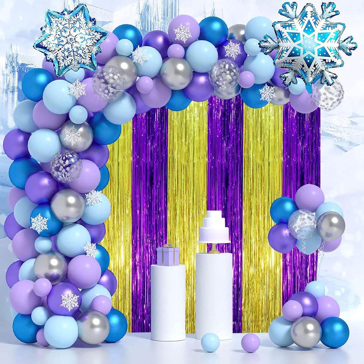 3 Pack 3.3 x 8.2 ft Purple and Gold Foil Fringe Backdrop Curtains, Tinsel Streamers Party