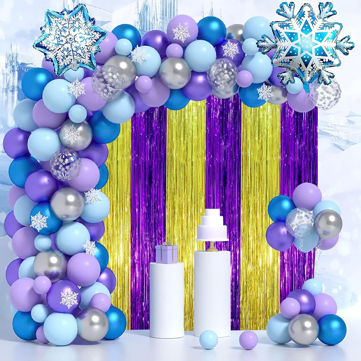 3 Pack 3.3 x 8.2 ft Purple and Gold Foil Fringe Backdrop Curtains, Tinsel Streamers Party