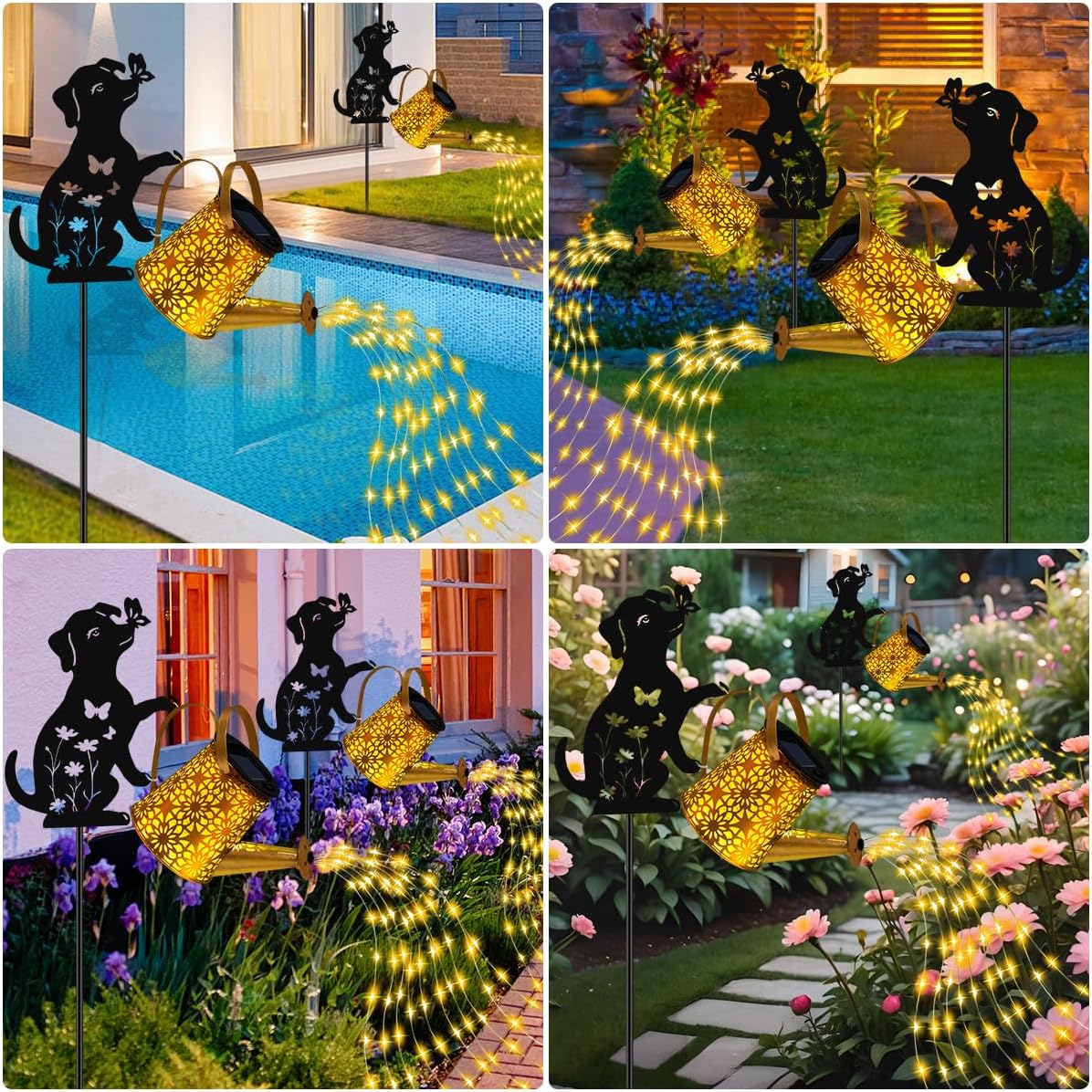 Solar Lights Outdoor Decorative, Watering Can with Cascading Lights, with Dog Silhouette Garden