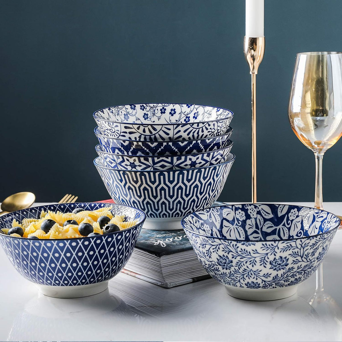 Selamica Blue and White Porcelain 20oz Cereal Bowl Set - Set of 6, 6 inch Soup Bowls, Ceramic bowls