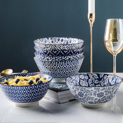 Selamica Blue and White Porcelain 20oz Cereal Bowl Set - Set of 6, 6 inch Soup Bowls, Ceramic bowls