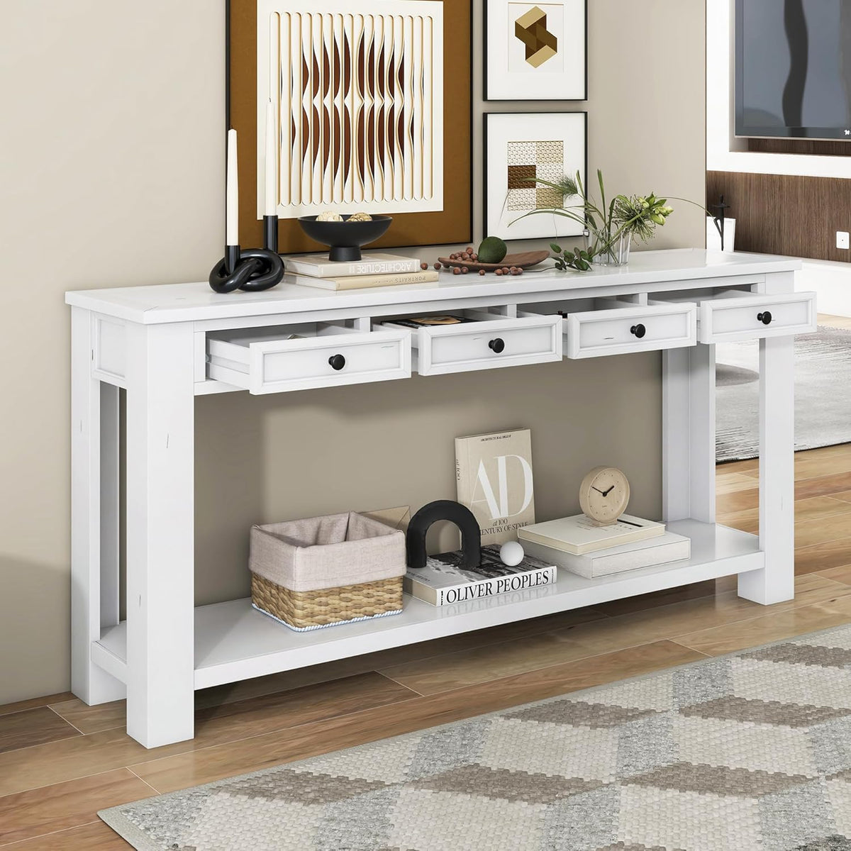 White Console Table,Solid Wood Sofa Table with 4 Drawers Hallway Table for Storage Entry Foyer