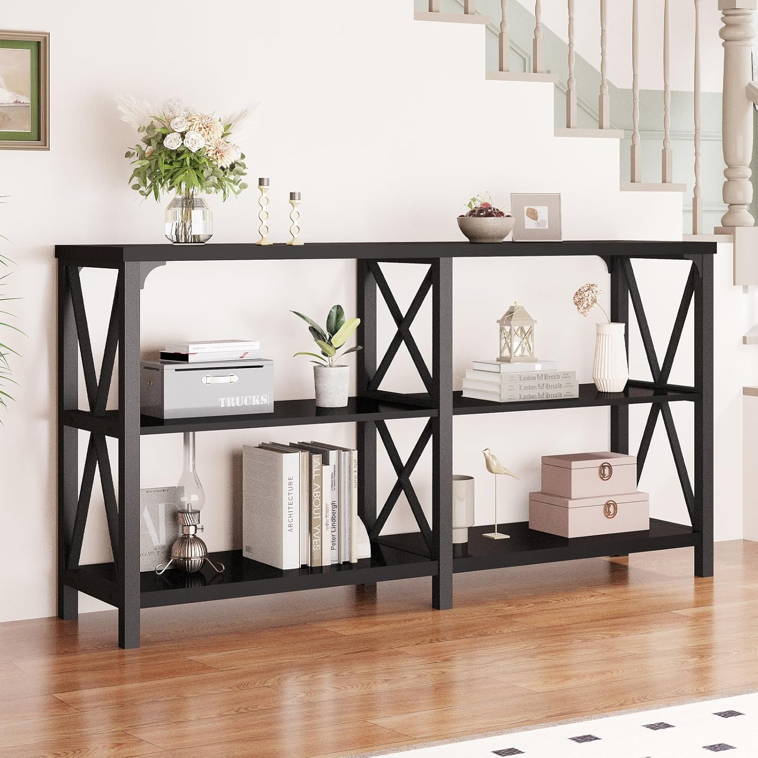 LVB Black Console Table, Modern Entryway Table with 3 Tier Storage Shelves, Industrial Sofa Table