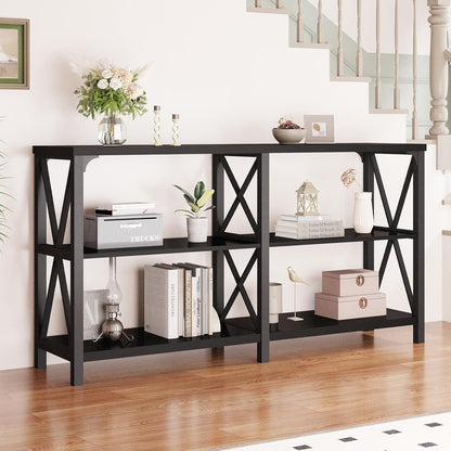 LVB Black Console Table, Modern Entryway Table with 3 Tier Storage Shelves, Industrial Sofa Table