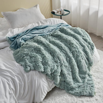 GONAAP Fuzzy Faux Fur Throw Blanket Queen Size Ice Blue Super Soft Cozy Plush Fuzzy Shaggy Blanket