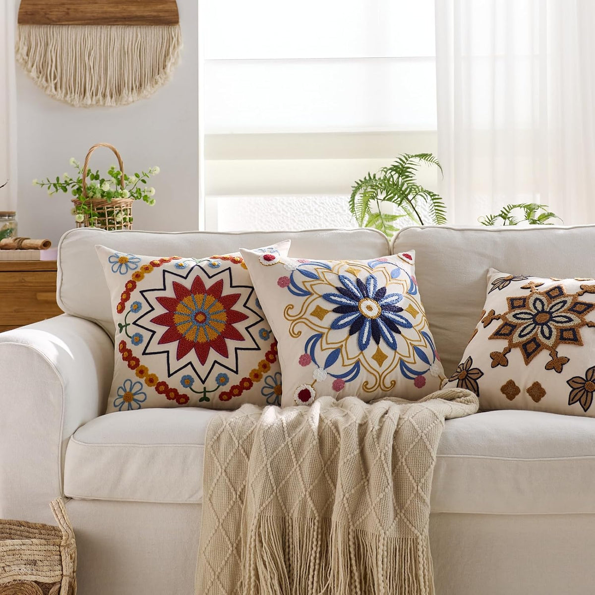 Embroidered Throw Pillow Cover 20x20 Classic Fall Boho Floral Pattern Pillows Cover Outdoor