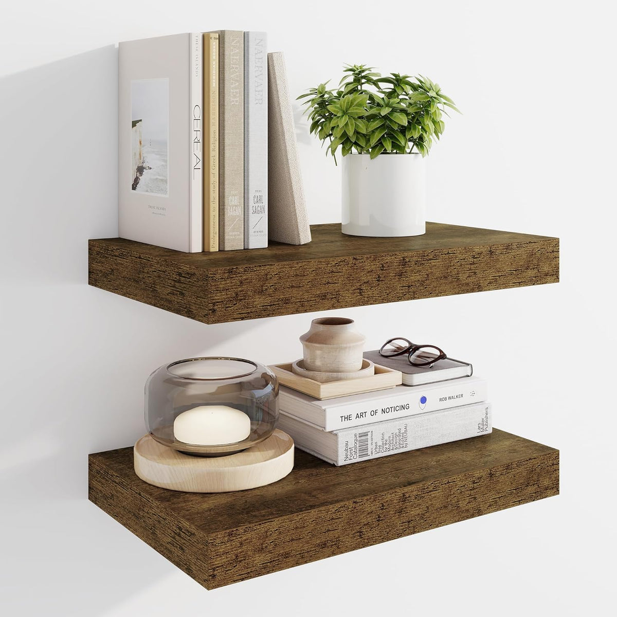 Marsmiles 16" Floating Shelves for Wall, Wooden Shelves with Invisible Brackets Set of 2, Rustic