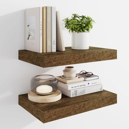 Marsmiles 16" Floating Shelves for Wall, Wooden Shelves with Invisible Brackets Set of 2, Rustic