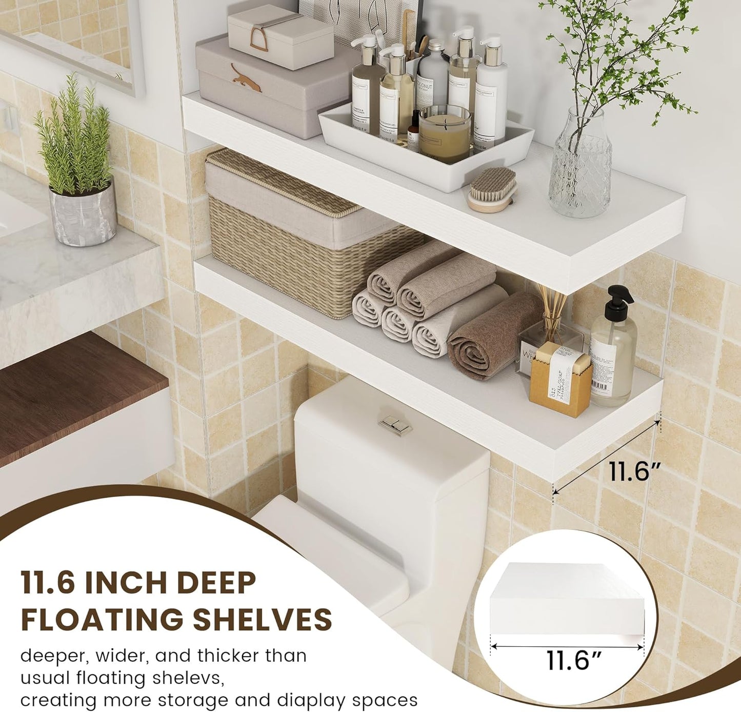 Deep Floating Shelves, 12'' Deep Rustic Large Floating Shelves Set of 2, White Shelves for Wall 36