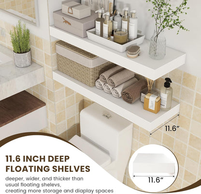 Deep Floating Shelves, 12'' Deep Rustic Large Floating Shelves Set of 2, White Shelves for Wall 36