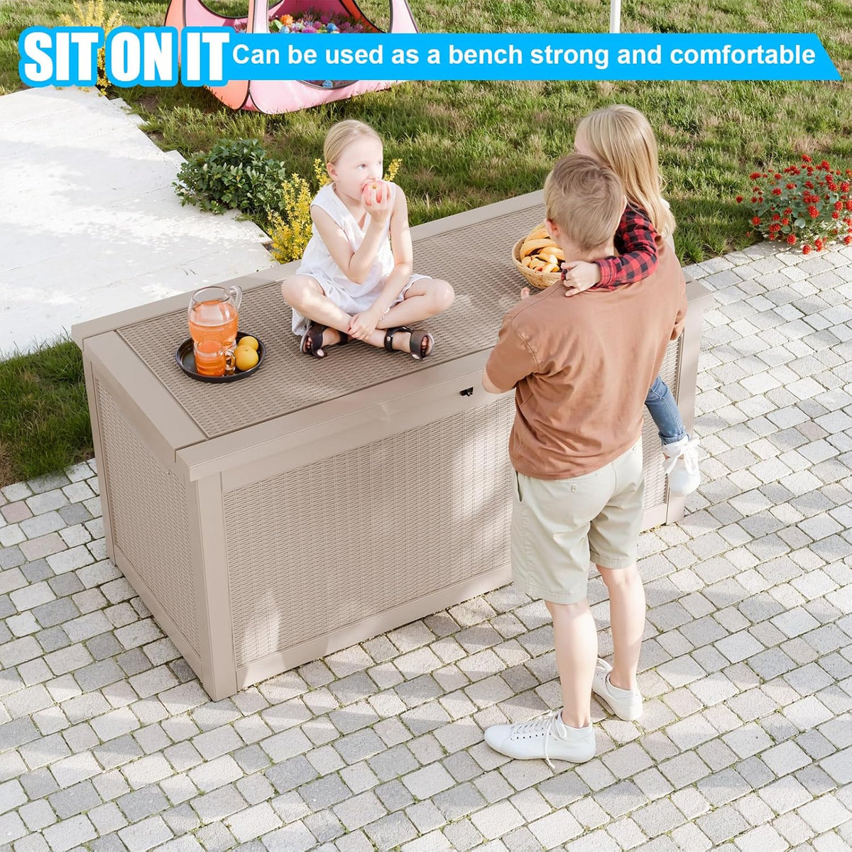 260 Gallon Large Resin Deck Box, Lockable Outdoor Storage Box for Patio Cushions Storage