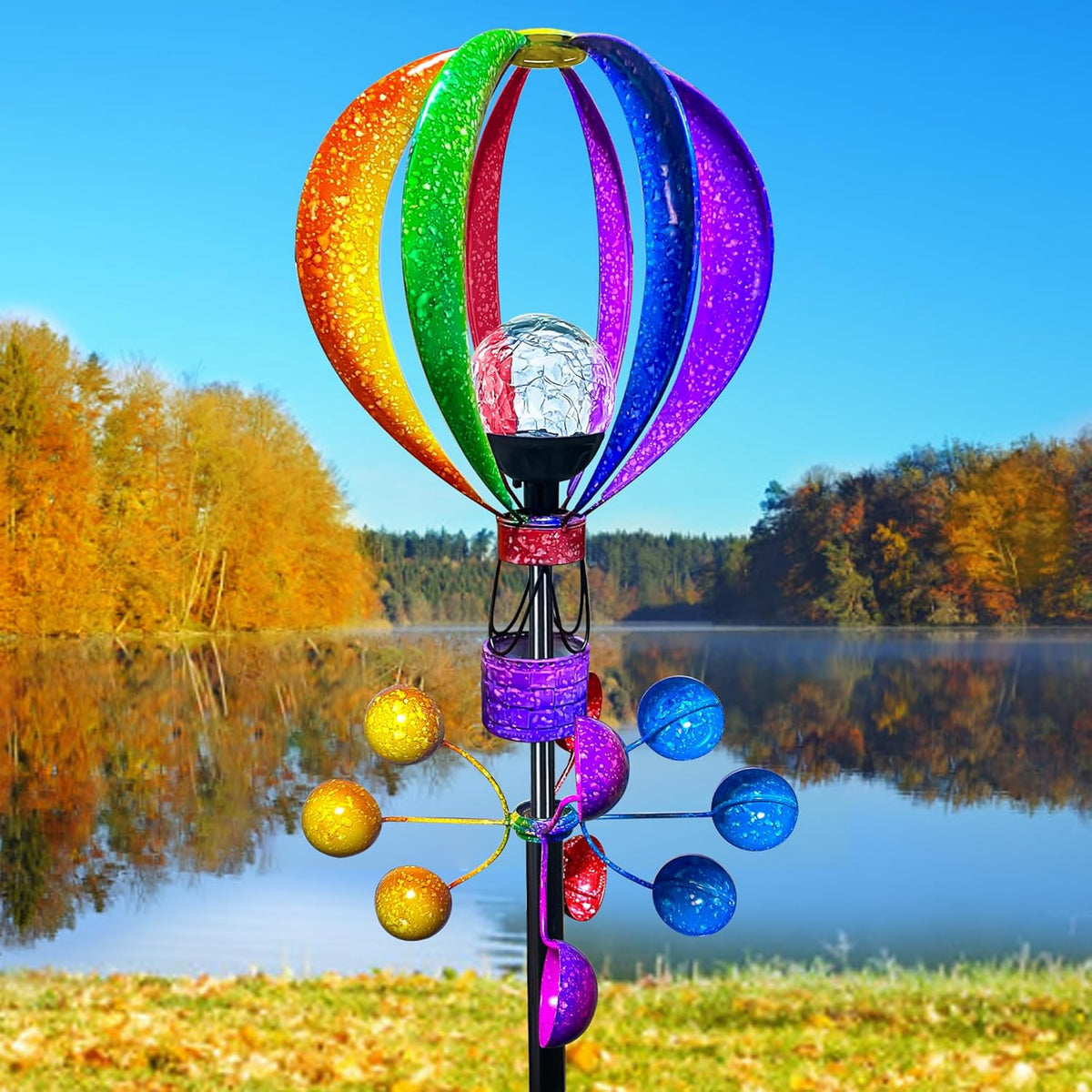 Solar Wind Spinner Outdoor - Hot Air Balloon Wind Spinners, Metal Garden Decor with LED Lights