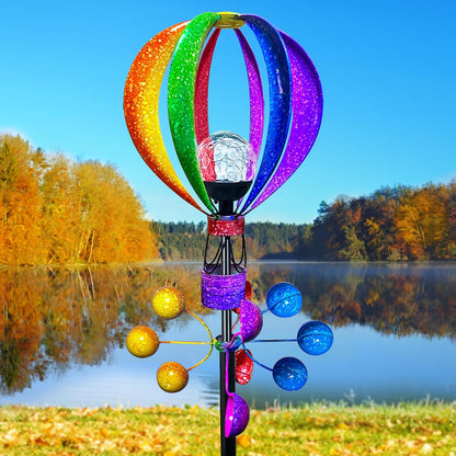 Solar Wind Spinner Outdoor - Hot Air Balloon Wind Spinners, Metal Garden Decor with LED Lights
