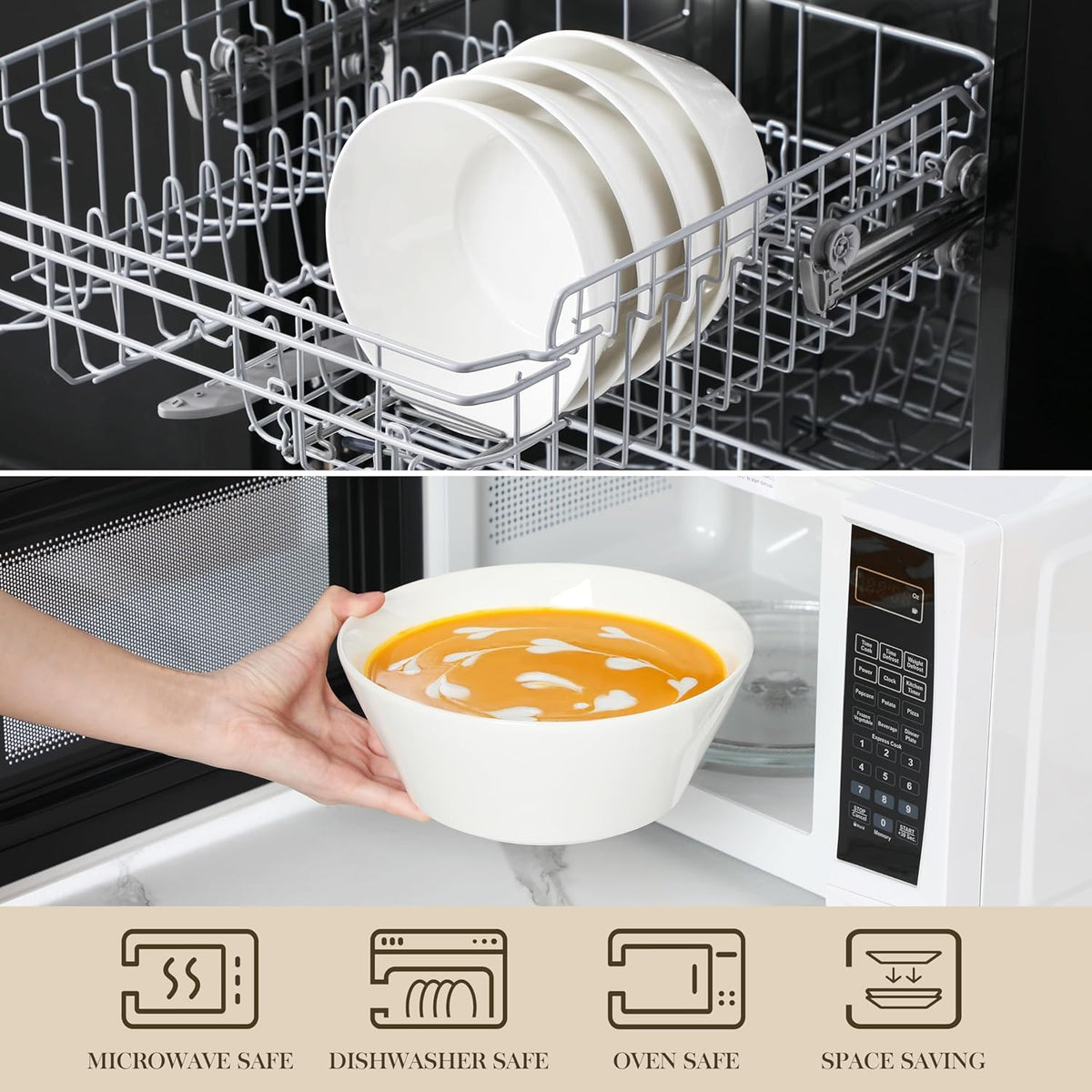 MALACASA Large Salad & Soup Bowls - Set of 4, 60 OZ Porcelain White Bowls for Ramen, Pasta, Pho