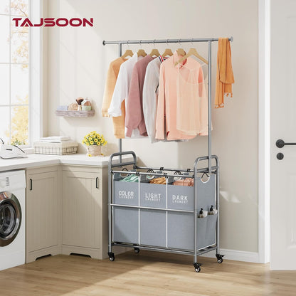 Tajsoon Laundry Sorter with Hanging Bar, 3 Section Rolling Laundry Hamper with Heavy Duty Lockable