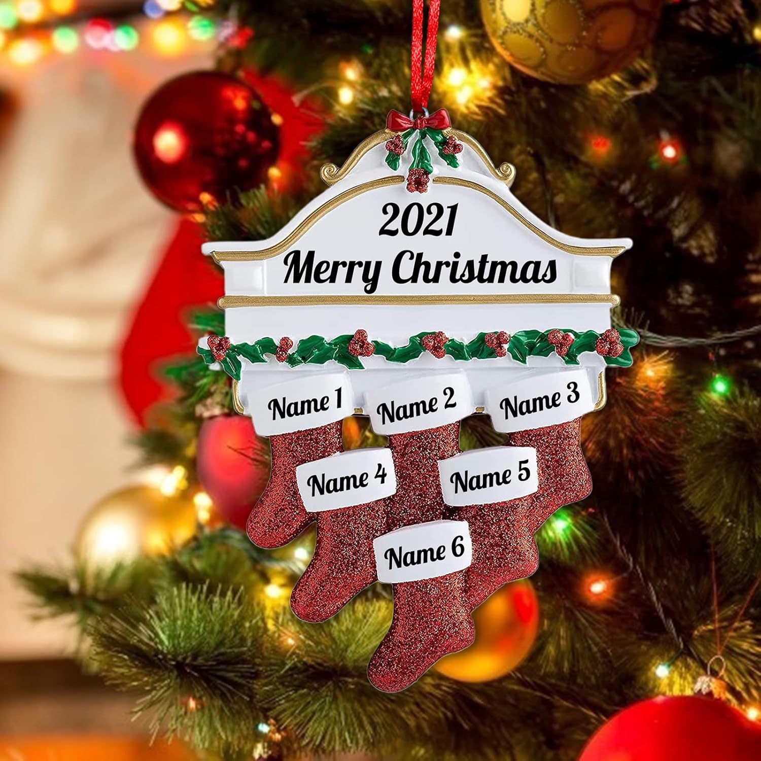 Amlion Personalized Ceramic Christmas Stocking Ornaments, Family of 2-8, Custom Names, Traditional