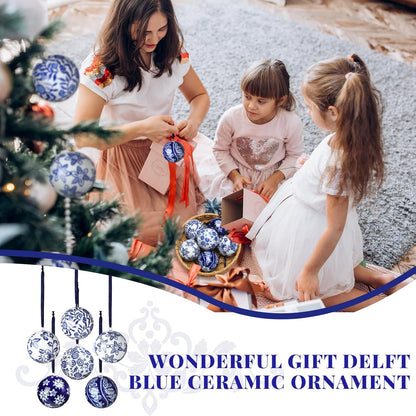Cindeer 6 Pcs Blue and White Christmas Porcelain Balls 2.4 Inch Porcelain Chinoiserie Ornament Bulk