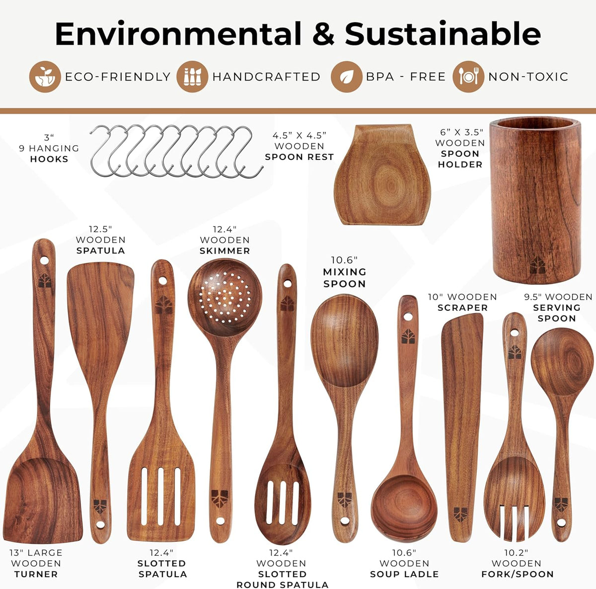 Wooden Spoons for Cooking – Wooden Cooking Utensils Set with Holder, Spoon Rest & Hooks, Teak Wood