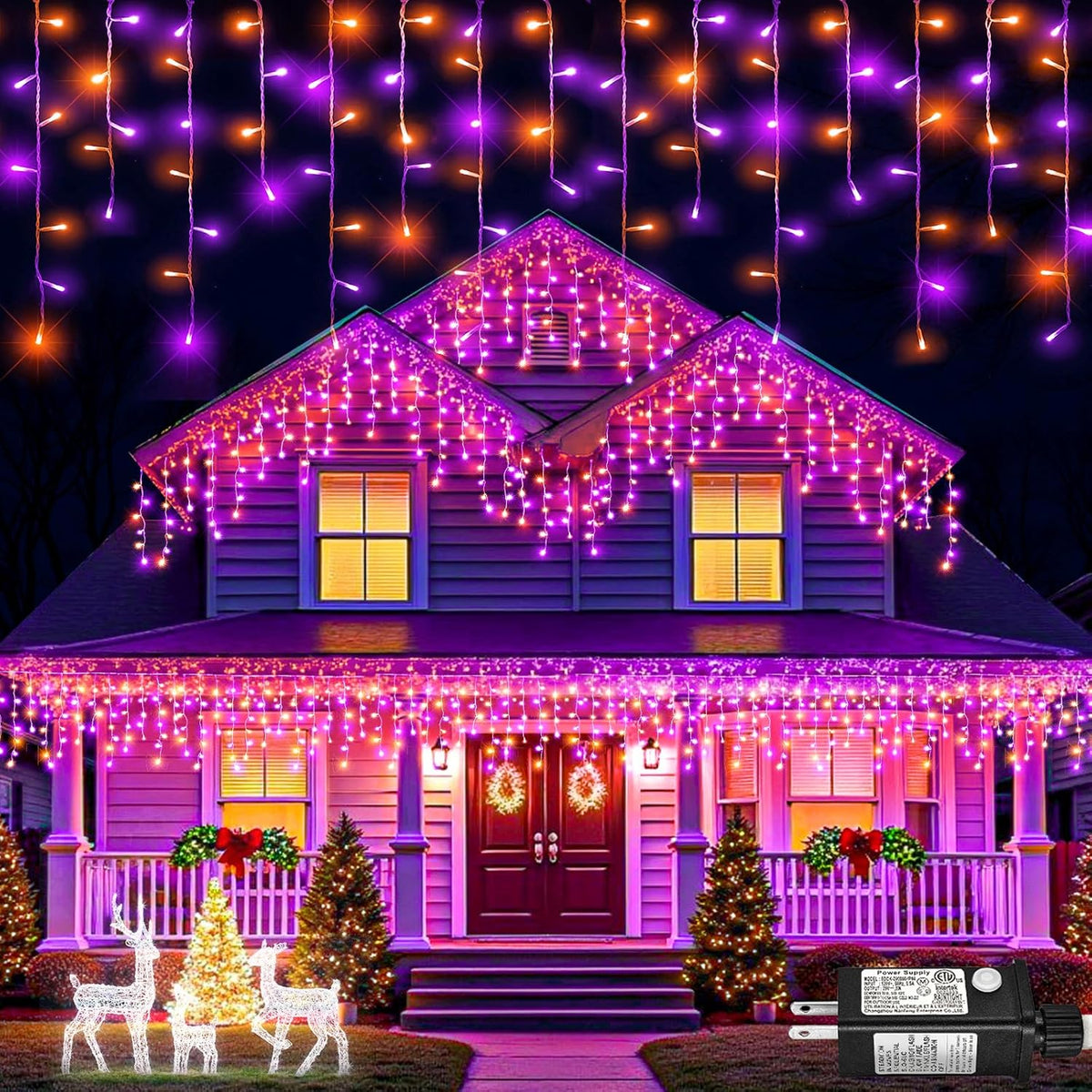 Orange and Purple Halloween Lights Outdoor Indoor, 33ft Icicle Lights for Outside 400 LED Twinkle