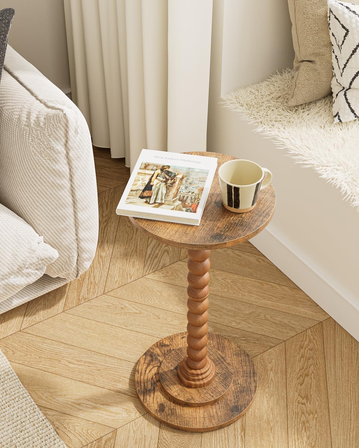 Masupu Round Side Table, Small End Table for Small Spaces, Pedestal Drink Table with Solid Wood Leg
