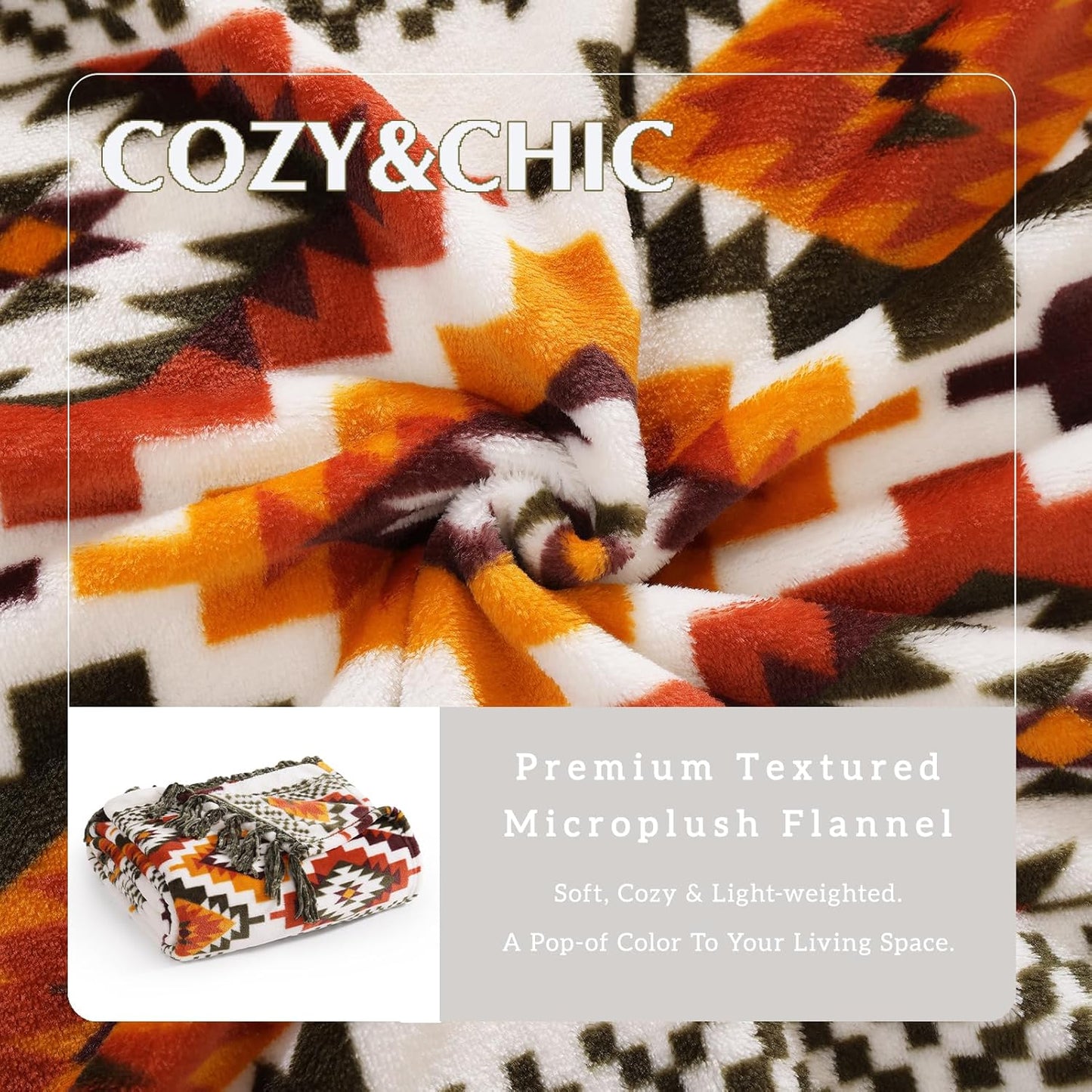 CASAAGUSTO Boho Throw Blanket - Orange and Green Decorative Blankets with Tassel, Printed Flannel