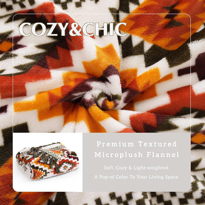 CASAAGUSTO Boho Throw Blanket - Orange and Green Decorative Blankets with Tassel, Printed Flannel