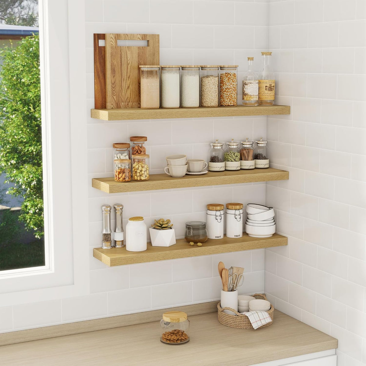 Fun Memories 32 Inch Floating Shelves Wall Shelf Set of 3, Rustic Farmhouse Home Decor Kitchen