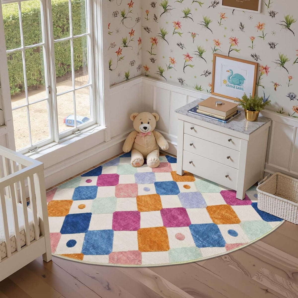jinchan Kids Rug for Nursery 5ft Radius Corner Washable Area Rug Modern Colorful Quarter Circle Rug