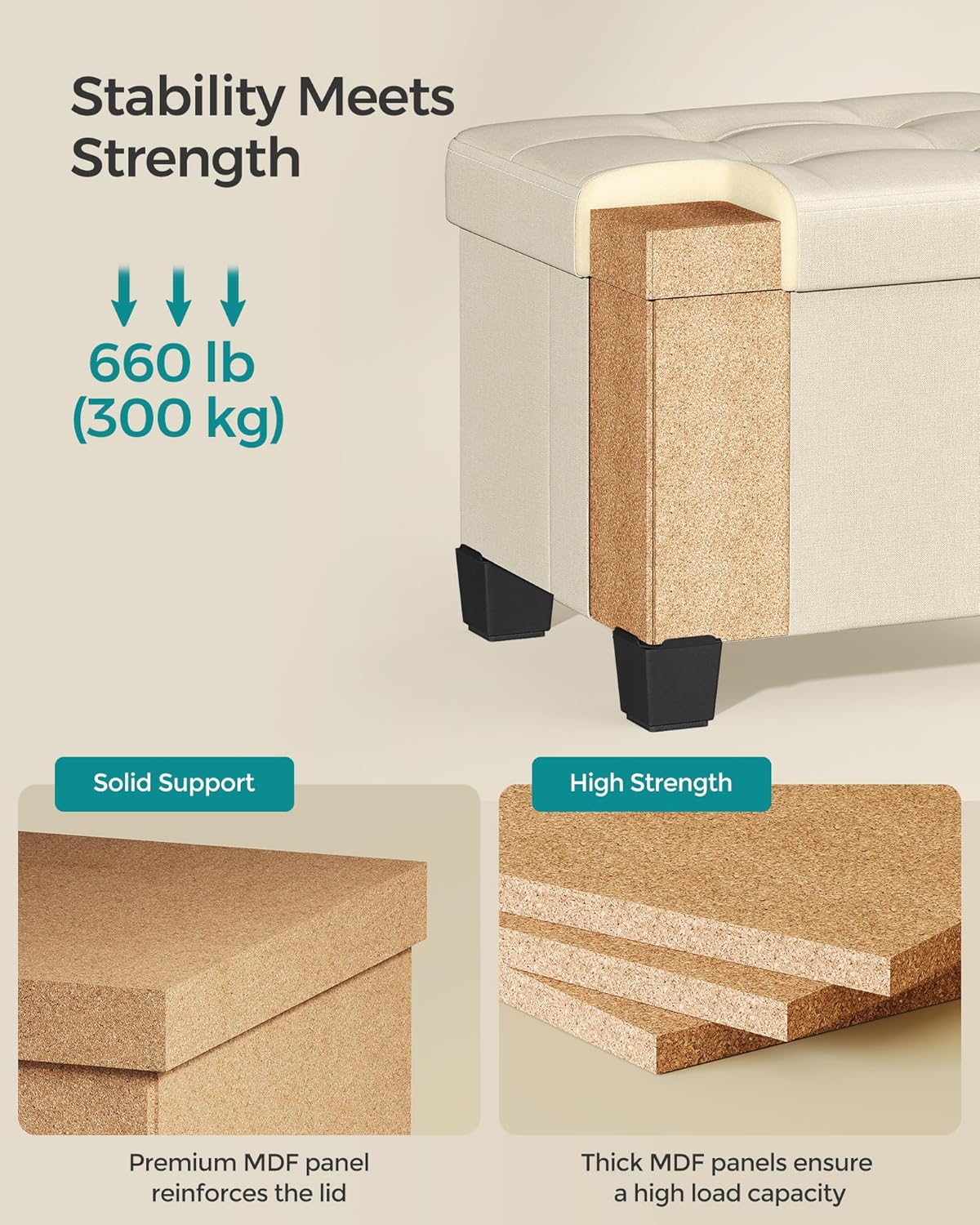 SONGMICS Storage Ottoman, Small Ottoman Foot Rest with Legs, 12.6 x 15.8 x 13.2 Inches Foot Stool