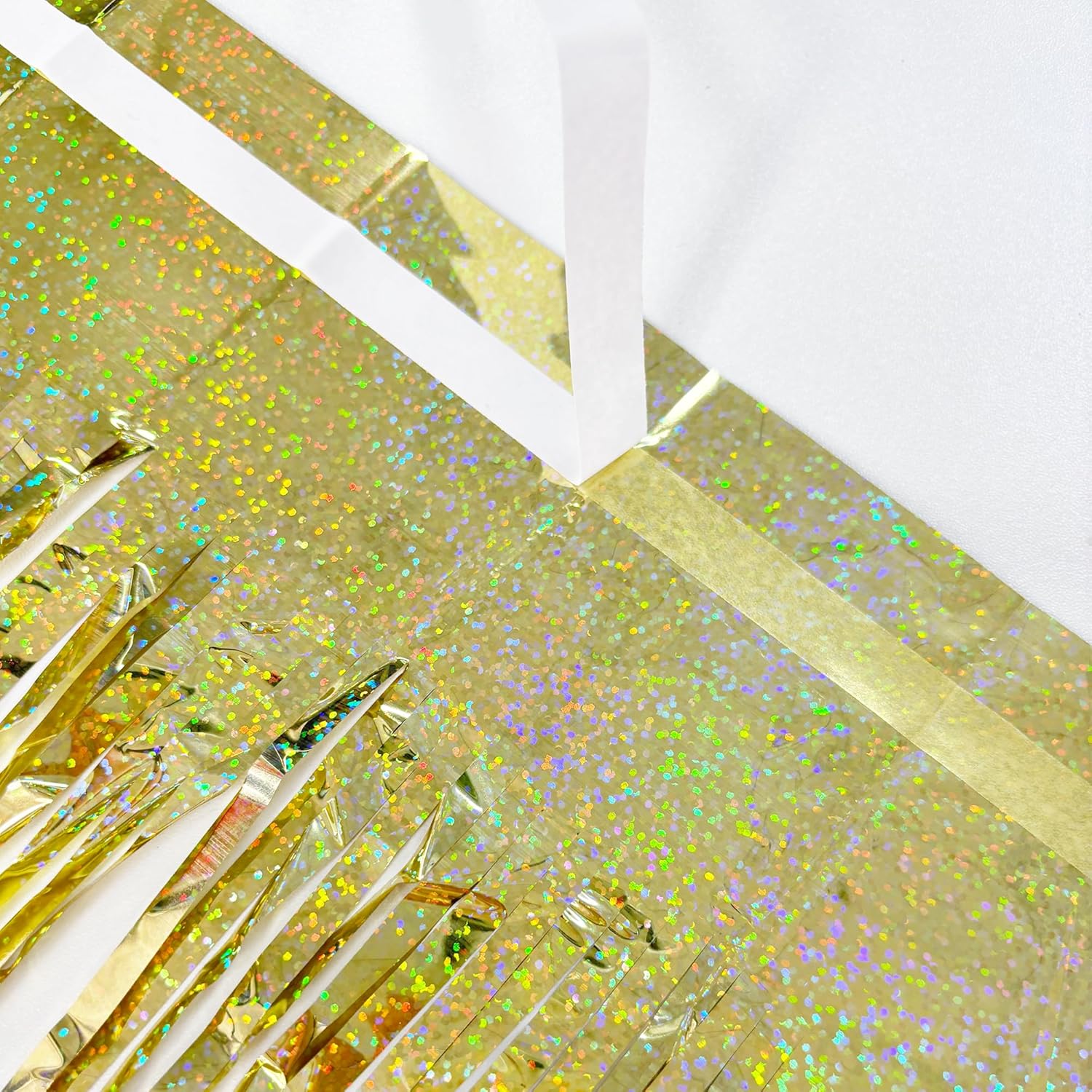 BRAVESHINE Gold Tinsel Streamers Party Backdrop - 2 Pack 3.2x8.2ft Metallic Foil Fringe Curtain for